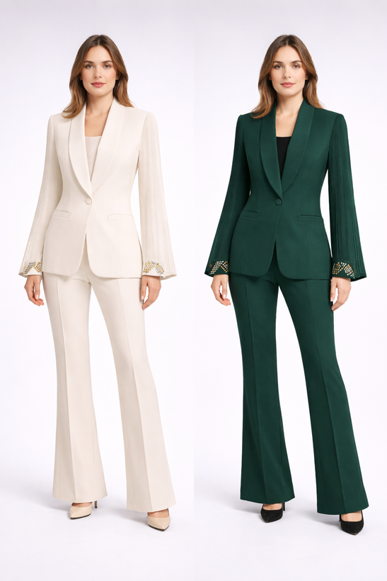 کت و شلوار زنانه مجلسی دمپا گشاد با آستین پلیسه