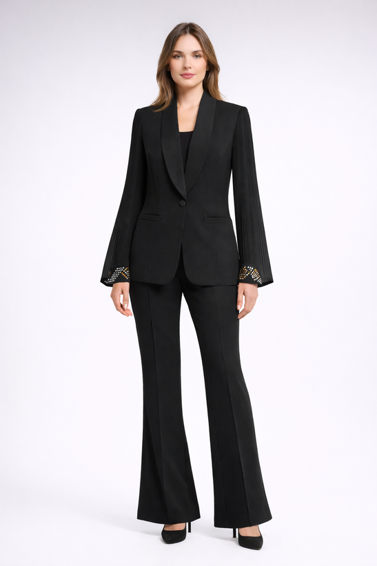 کت و شلوار زنانه مجلسی دمپا گشاد با آستین پلیسه