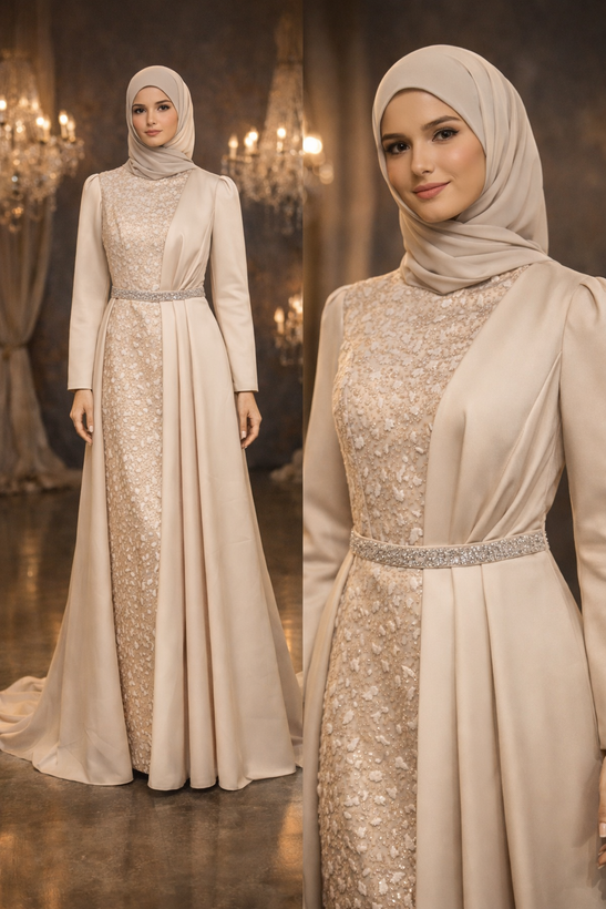 پیراهن فرمالیته زنانه بلند ساتن آمریکایی و گیپور اکلیلی ظریف