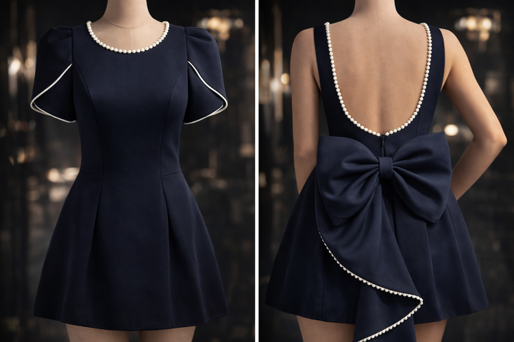 پیراهن مجلسی زنانه یقه مرواریدی پشت باز